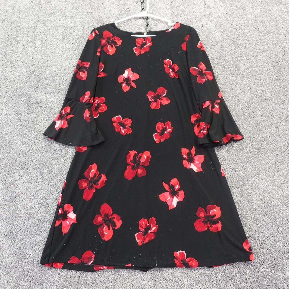 Tommy Hilfiger Bell Sleeve Dress Womens 8 Black Red Floral Knee Length Knit